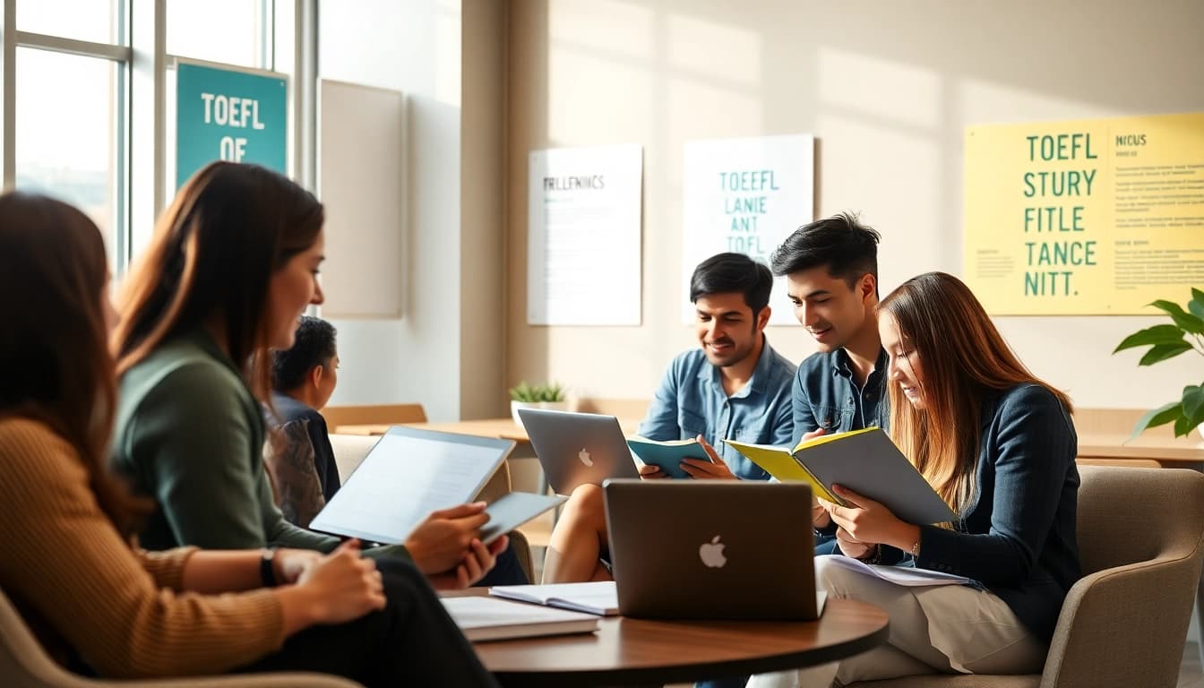 Engaged TOEFL test takers for hire collaborating in a bright, modern workspace.