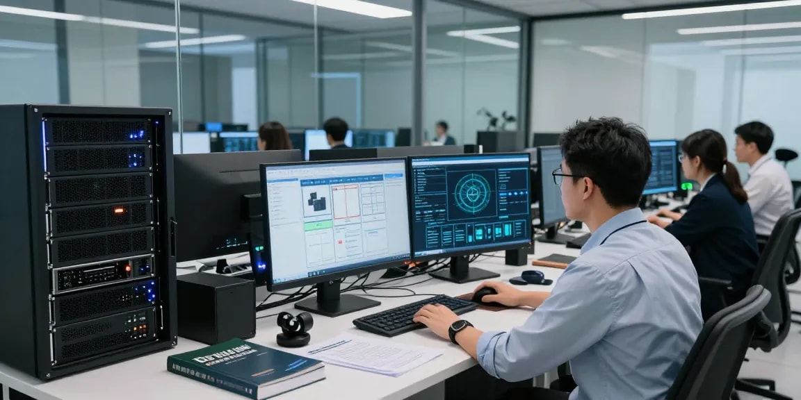 Cybersecurity inspection at https://shs-dome5.com/ data center with IT technician monitoring systems.
