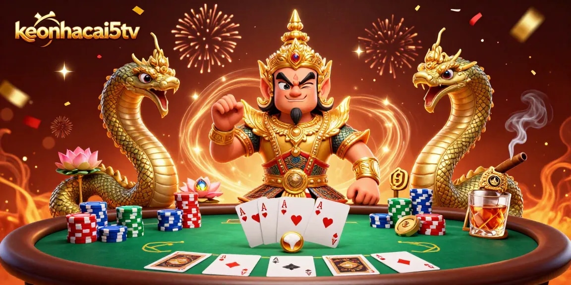 Engage in high-stakes action with keonhacai5tv - poker showdown featuring vibrant casino elements.