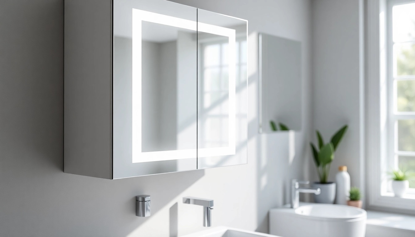 Spiegelschrank mit LED Beleuchtung in modernem Badezimmer-Design beleuchtet, stilvoll und funktional.