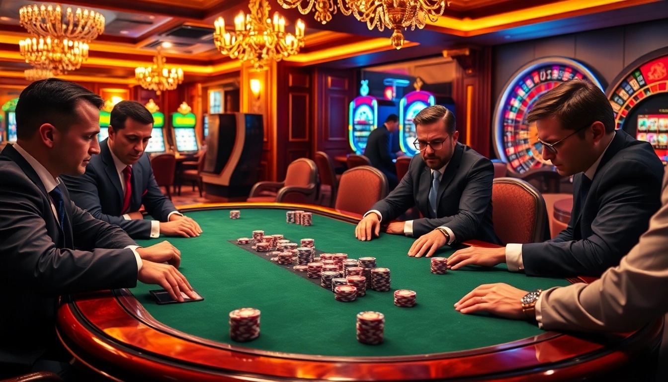 Partie de poker à enjeux élevés avec des joueurs concentrés sur les jetons et les cartes dans un casino fiable en ligne.