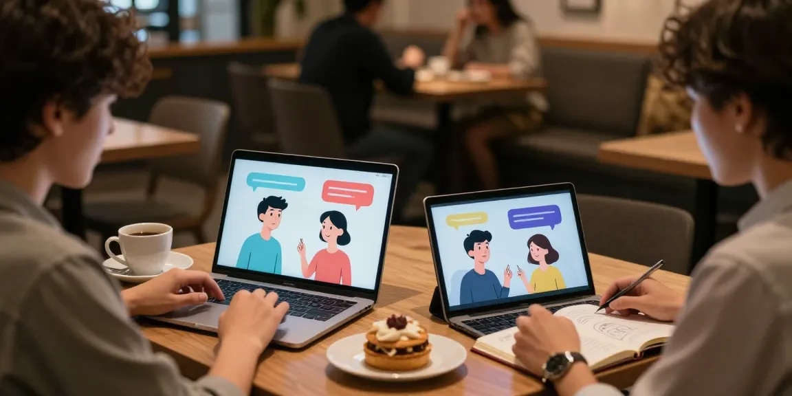 Engaging scene of users enjoying ai nsfw chat in a cozy cafe with animated characters on devices.