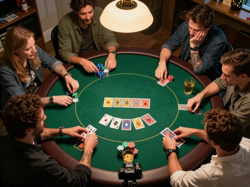 Friends engaging in a lively poker game around the table, with hidden wiki strategies involved.