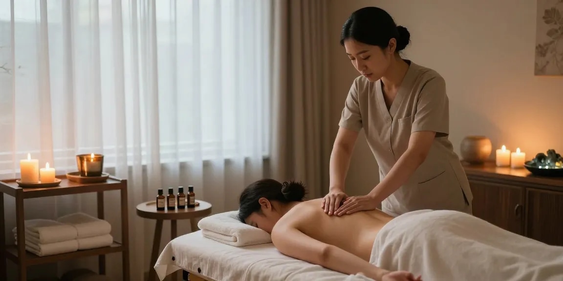 1인샵 Swedish massage therapy room with soothing ambiance and calming elements.