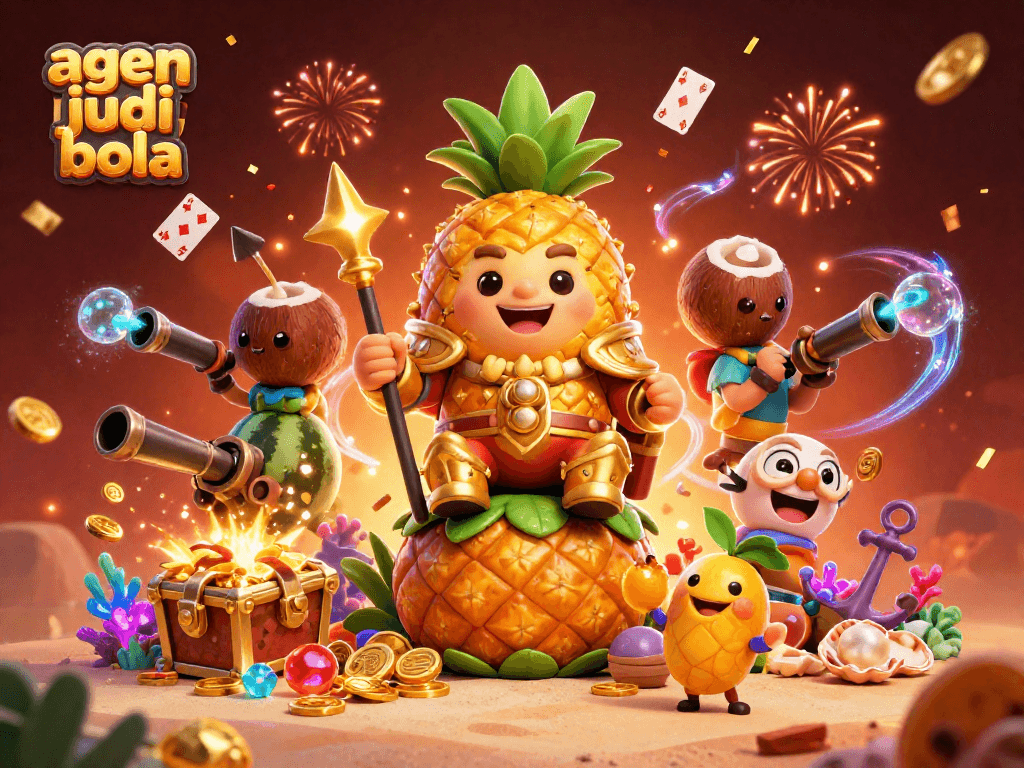 Experience the thrill of agen judi bola with vibrant casino illustration showcasing a lively beach scene.