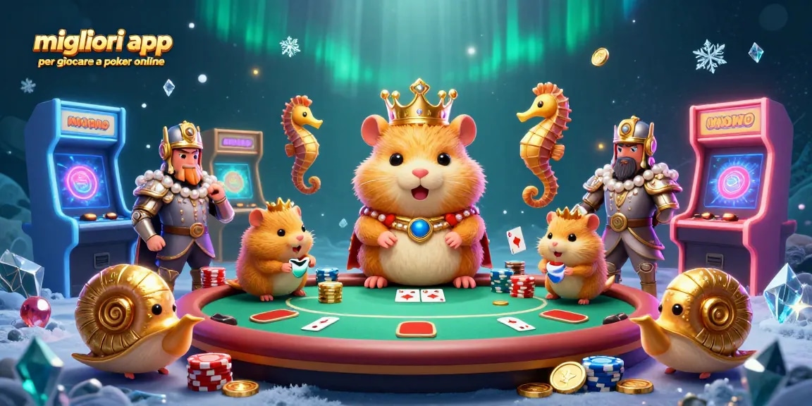 Migliori app per giocare a poker online con un re criceto dorato e guardie cavalluccio marino in un casinò vivace.