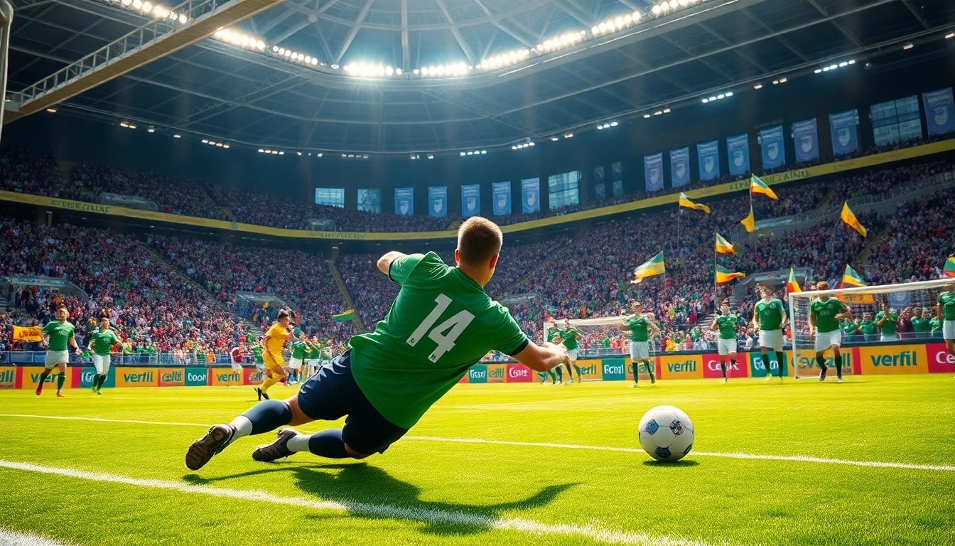 A goalkeeper diving to save a critical goal during บอลโลกวันนี้, showcasing athleticism and excitement.