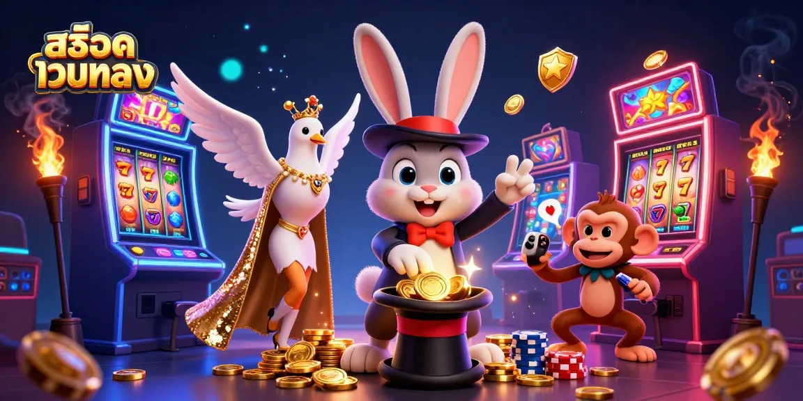 Spin jackpot reels and earn wins with สล็อตเว็บตรง slots featuring a magician and playful characters.