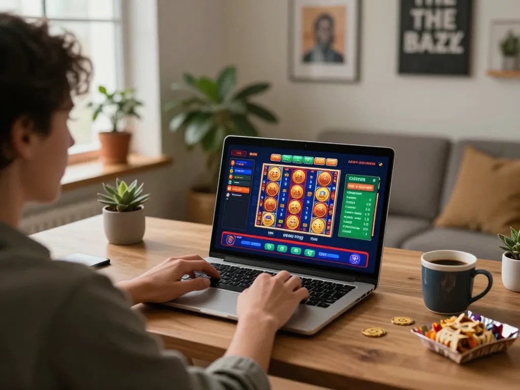 Engaging in casino online gratis senza registrazione with colorful games visible on screen in a cozy home setup