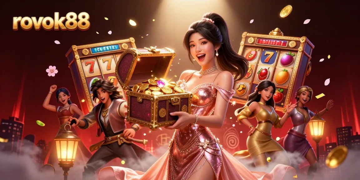 Engage with rokok88's thrilling gaming scene featuring vibrant slot elements and a joyful atmosphere.