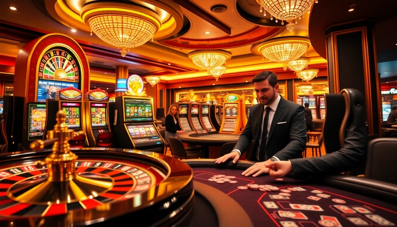 Découvrez l'excitation du casino en ligne Français 2026 avec des éléments de jeu vibrants dans un cadre luxueux.