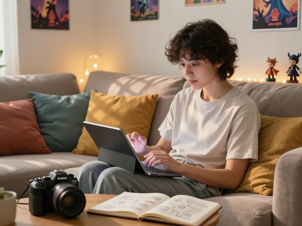 Person enjoying ai chat porn with a character AI on a tablet in a cozy room.