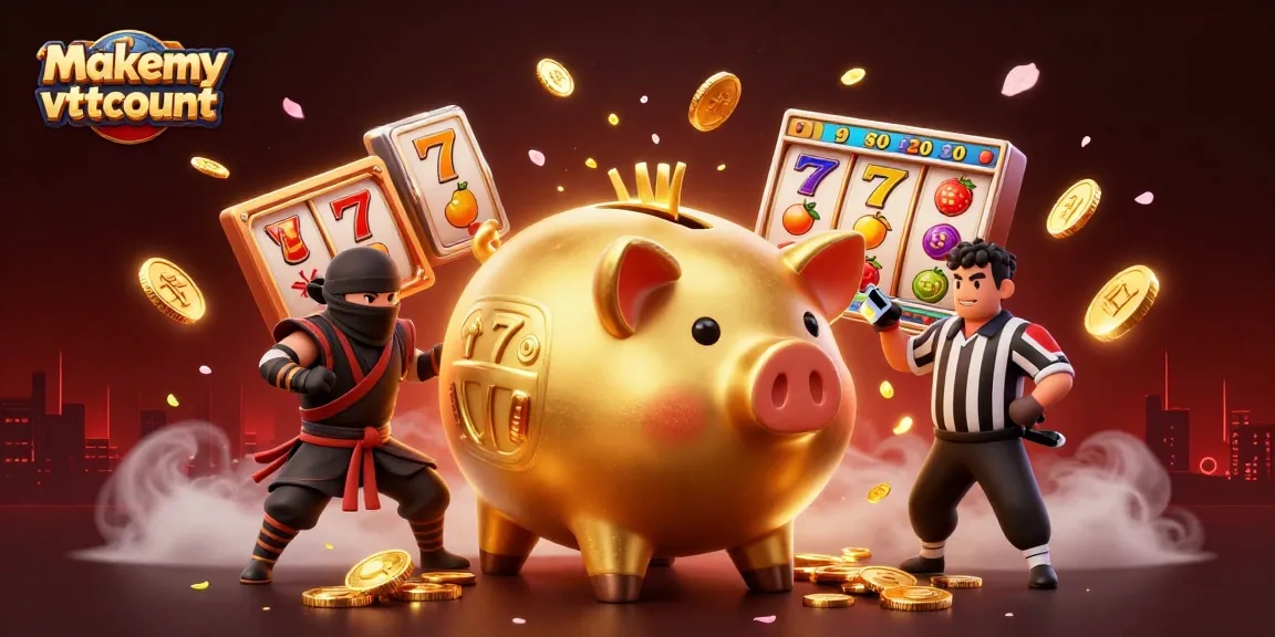 Experience the thrill of slots with makemyvotecount's dynamic scene of a golden piggy bank and gaming action.