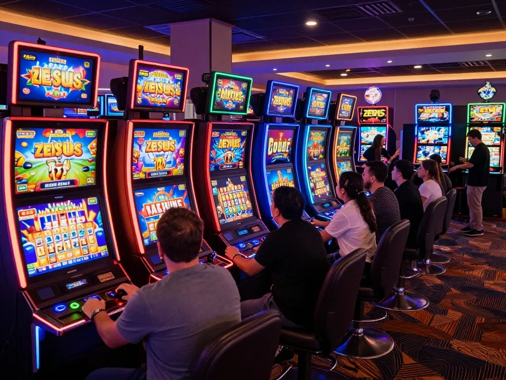 Pemain yang terlibat dengan mesin slot Zeus dalam suasana kasino yang meriah, menampilkan kegembiraan bermain yang hidup.