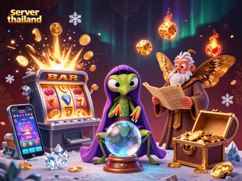 Engage with server thailand as fortune teller and moth librarian reveal jackpot secrets in vibrant 3D casino scene.