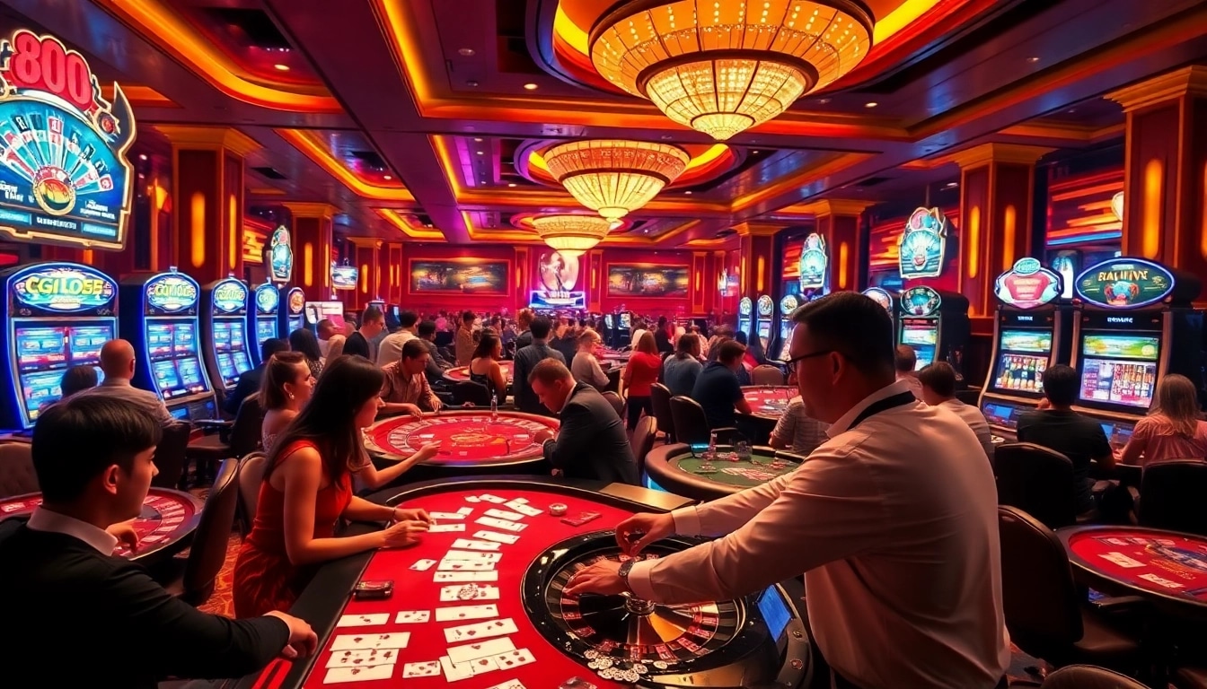 Exciting gg88 live casino scene with players enjoying poker, blackjack, and roulette under glamorous lighting.
