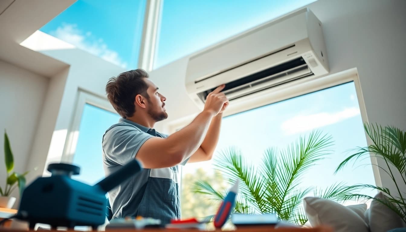 Expert assessing AC Repair Pinellas County FL system in a bright, welcoming living room.
