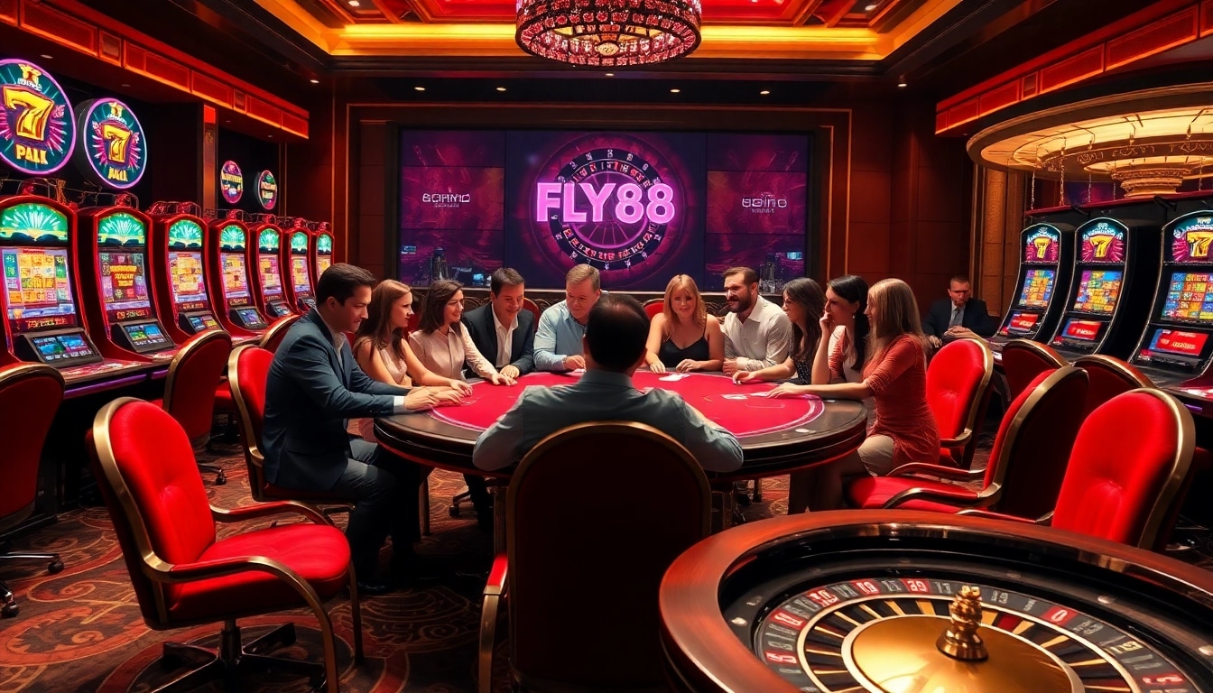 Winning at FLY88 Casino: Engaging poker and roulette atmosphere with vibrant machines.