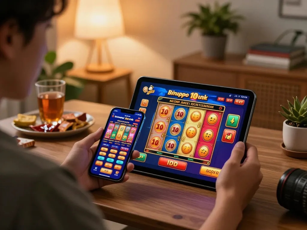 Playing slot depo 10k on a tablet in a cozy home setting, showcasing vibrant game interface and engagement.