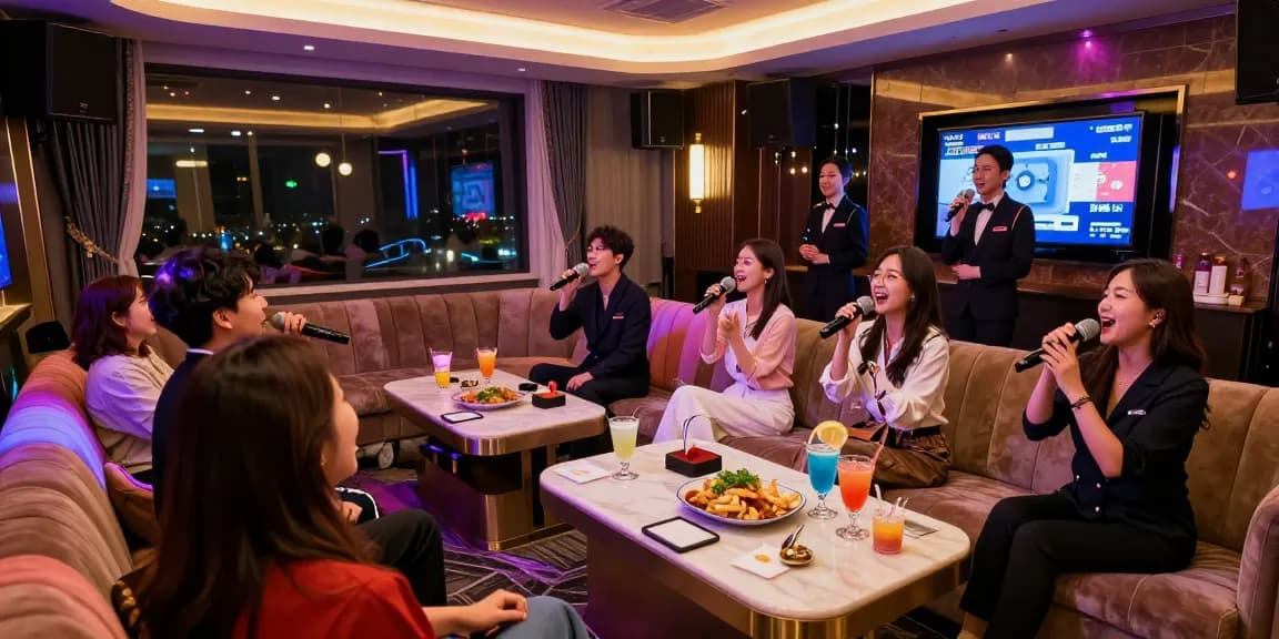 Experience premium 강남가라오케 in a stylish lounge with vibrant decor.