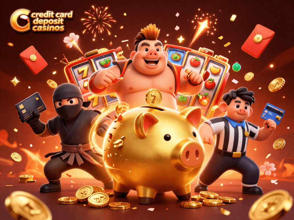 Experience excitement at credit card deposit casinos with vibrant characters and slot game elements.