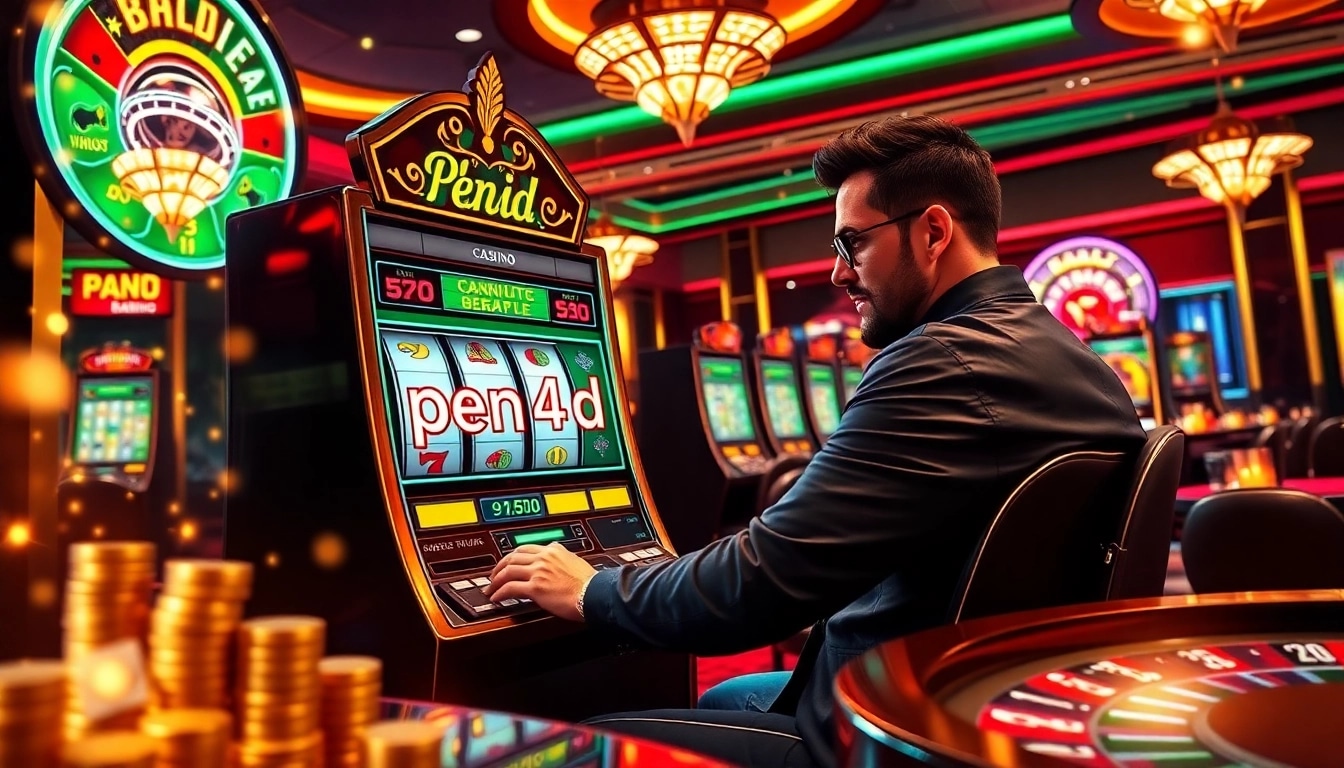 Engaging scene of a player enjoying a slot machine game named pen4d in a luxurious casino environment.