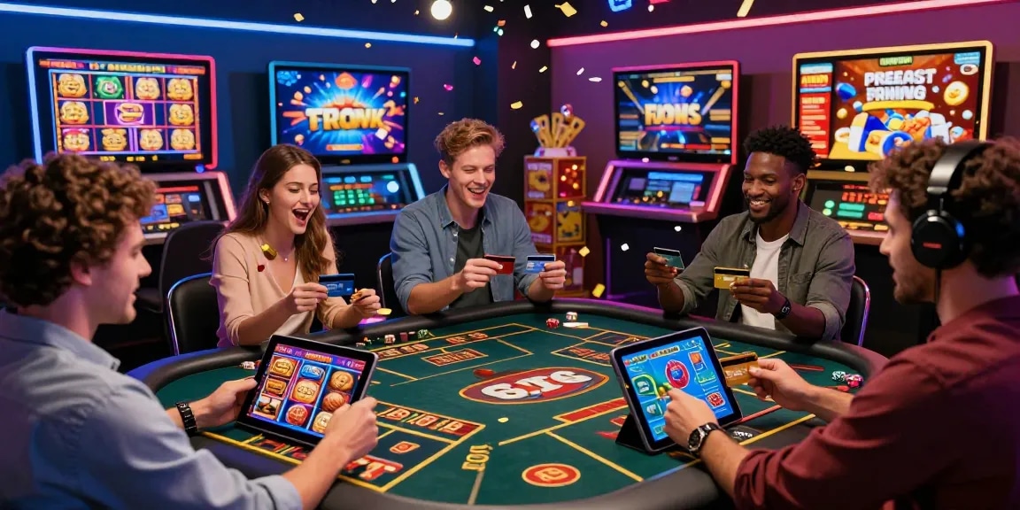 Exciting players enjoying their games at credit card casinos with vibrant screens and promotional prizes.