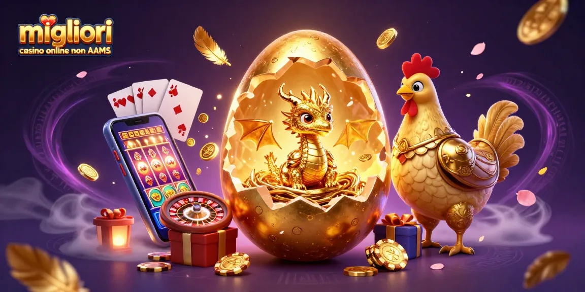 Scopri i migliori casino online non AAMS con un drago d'oro su una montagna di chip da poker.