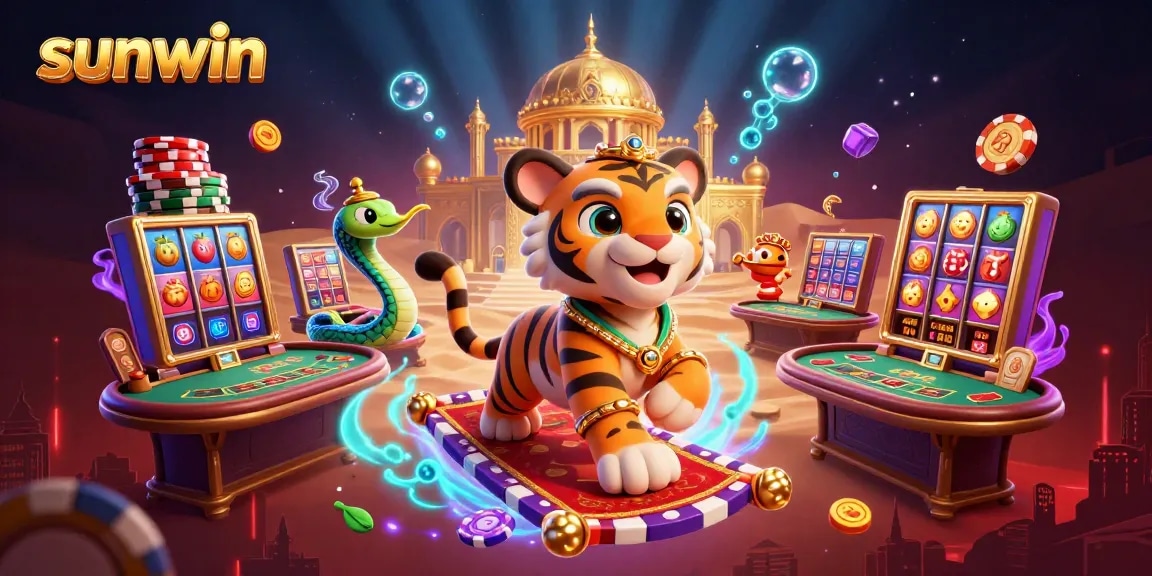 Spin the reels and win big at sunwin, featuring a vibrant Arabian Nights theme and casino elements.