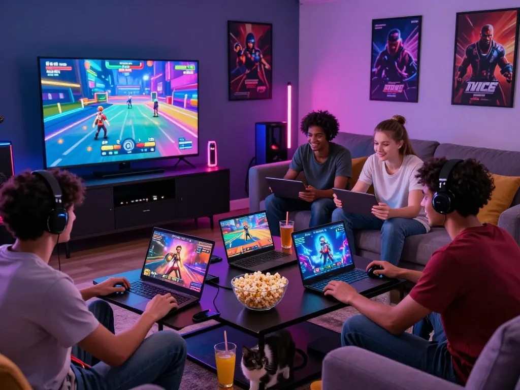 Friends enjoying exciting porno games together in a cozy gaming lounge.