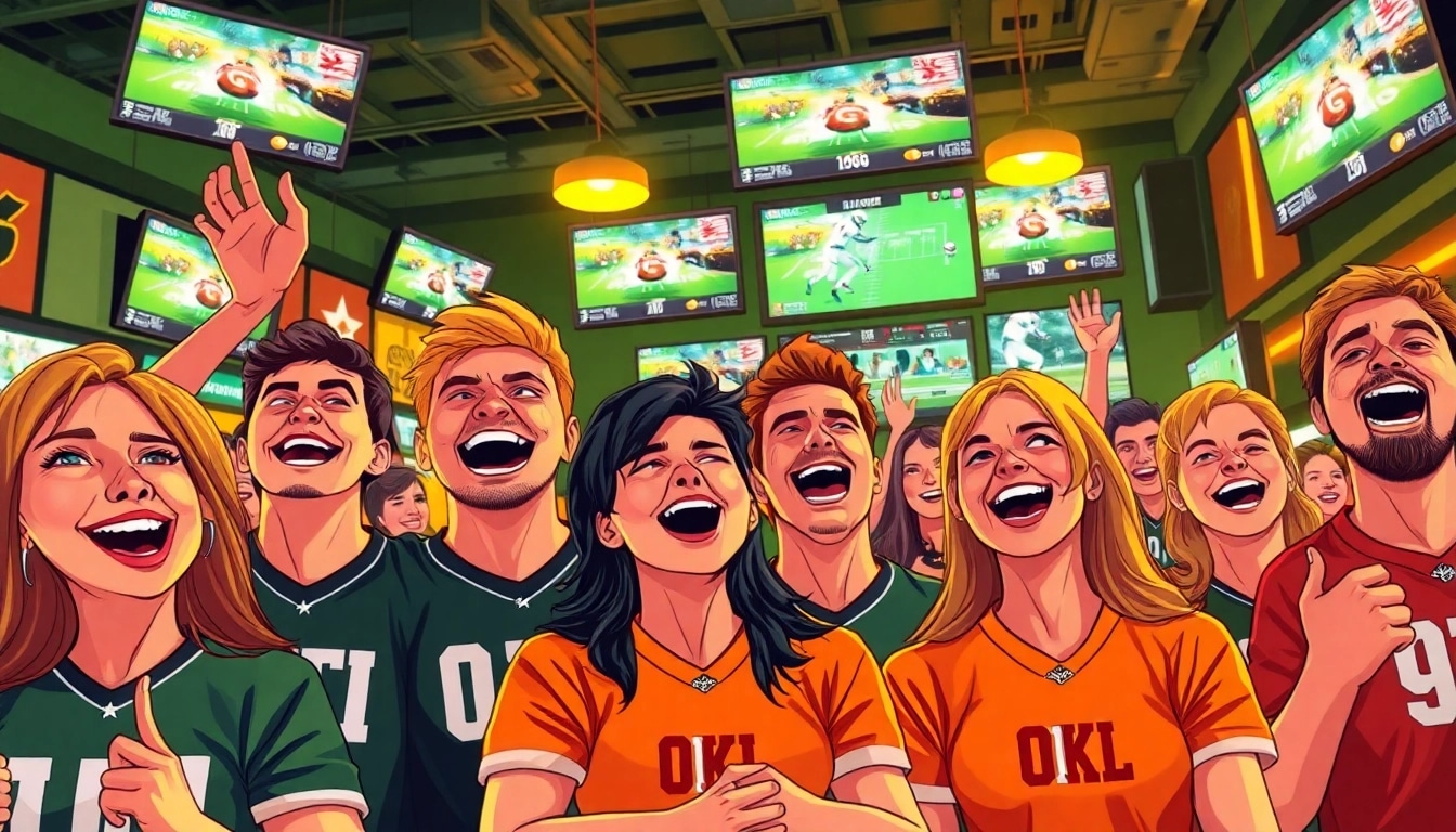 Cheering fans engage in sportsbooks in Oklahoma, highlighting a vibrant sports betting atmosphere.