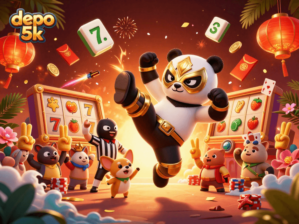 Engage with depo 5k in this dynamic casino-themed illustration featuring a wrestling panda and exciting game elements.