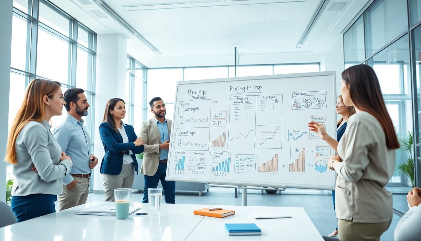 Analyze competitor pricing strategies through a team discussion in a modern office setting.