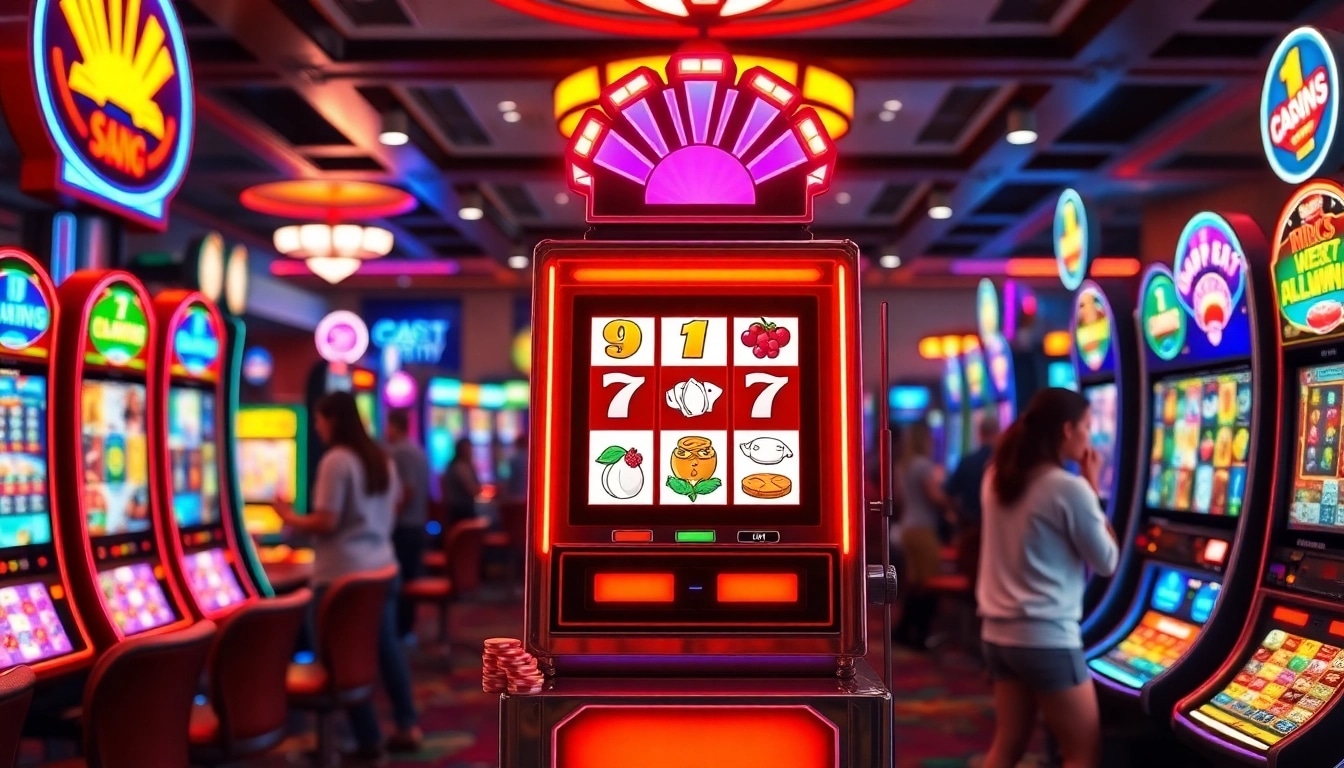 Nikmati keseruan Slot77 dengan mesin slot yang berwarna-warni dan suasana kasino yang ramai.