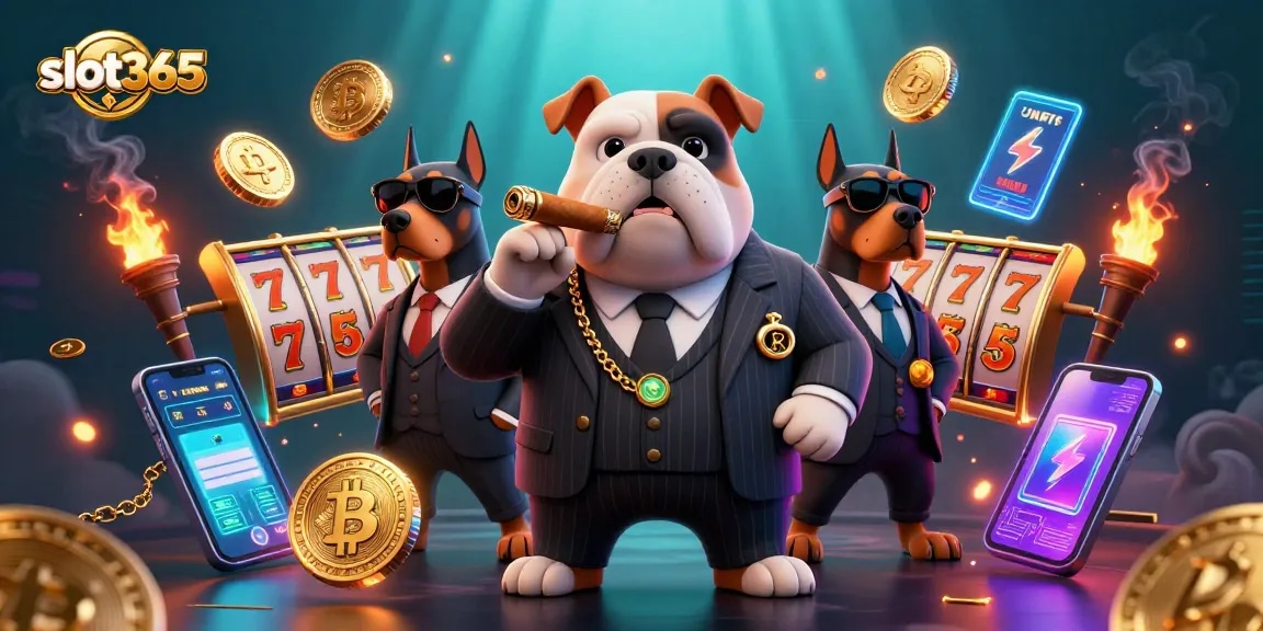 Experience thrilling casino action with slot365, featuring 3D mafia-style characters amidst vibrant jackpots.