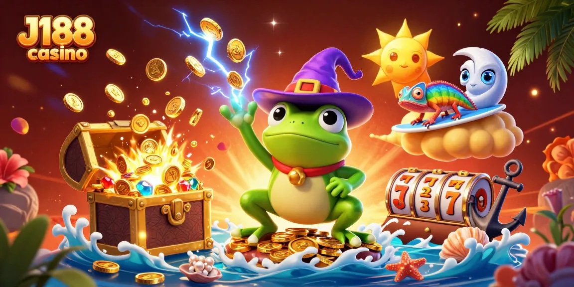 Engage in thrilling adventures at J188 casino with a wizard frog raining golden coins in a vibrant world.