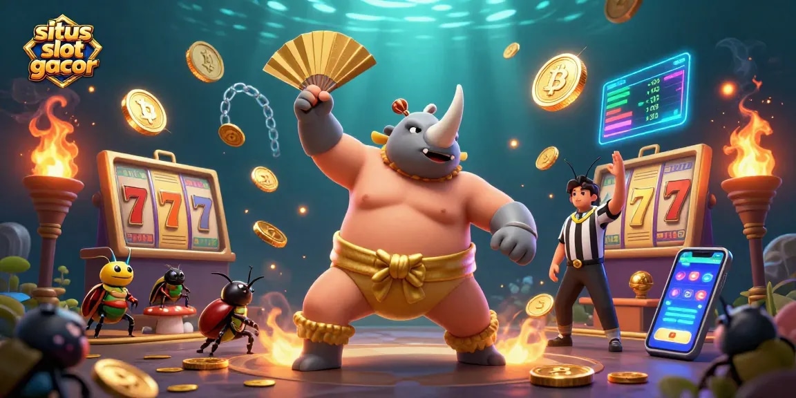 Spin to victory with situs slot gacor showcasing a powerful beetle champion and dynamic slot elements.