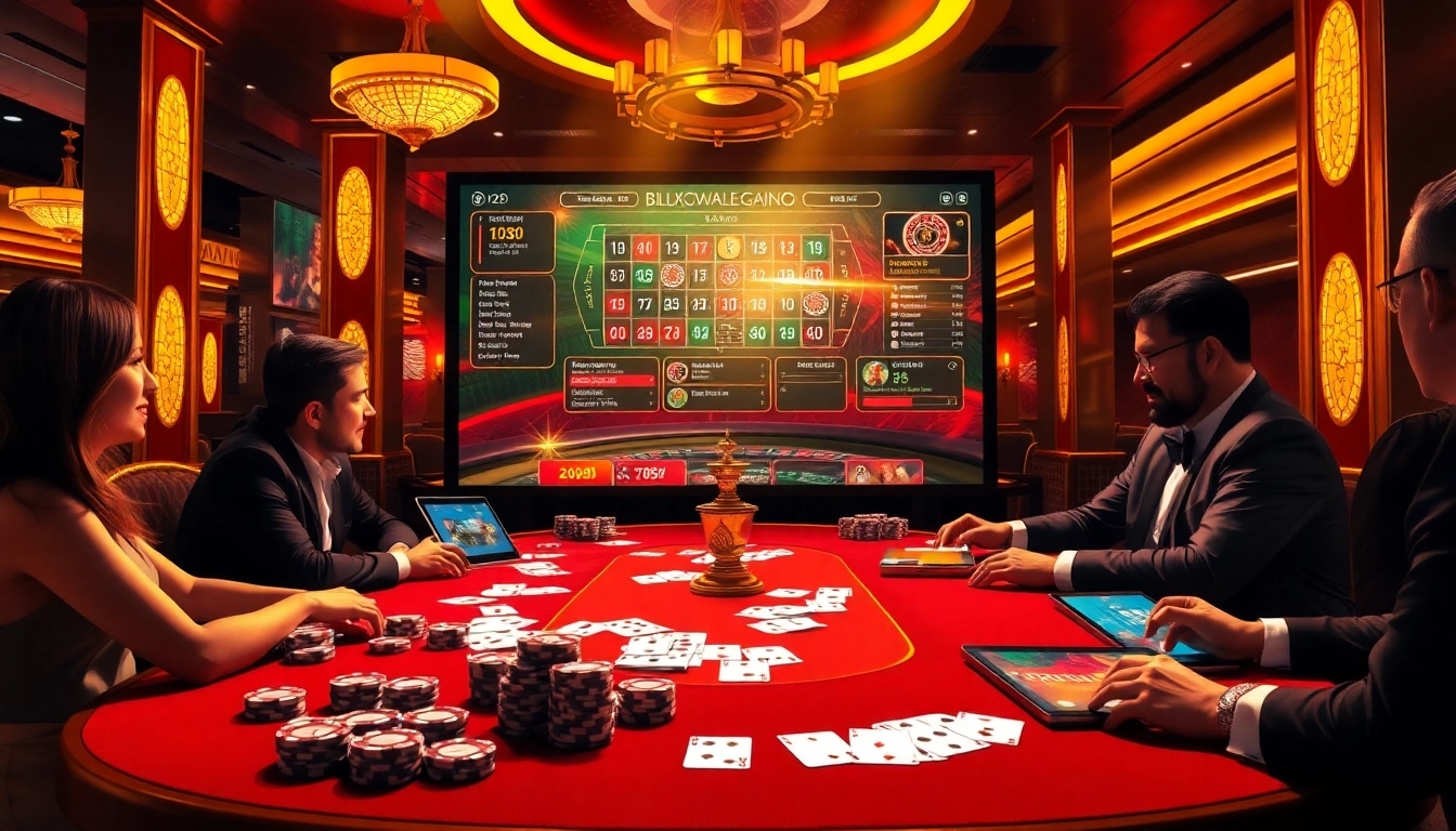 Une scène captivante mettant en avant un casino en ligne français 2026 avec des joueurs jouant à la roulette et au blackjack.