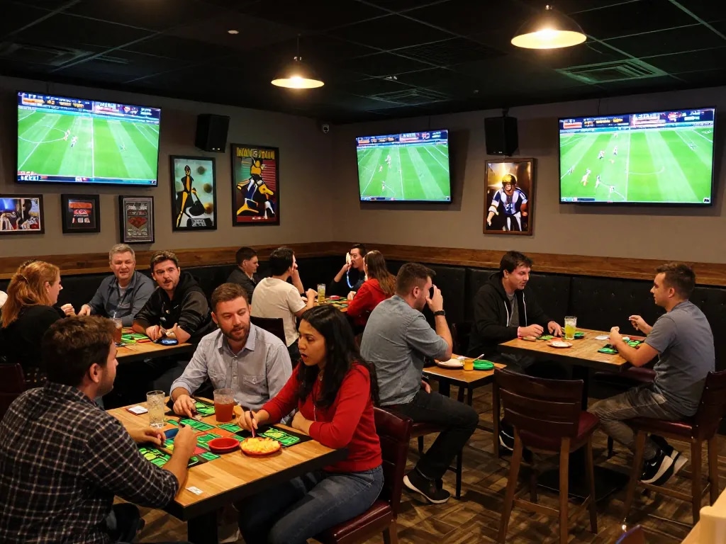Engaged sports bettors analyzing predictions on 7meter bola during a lively match