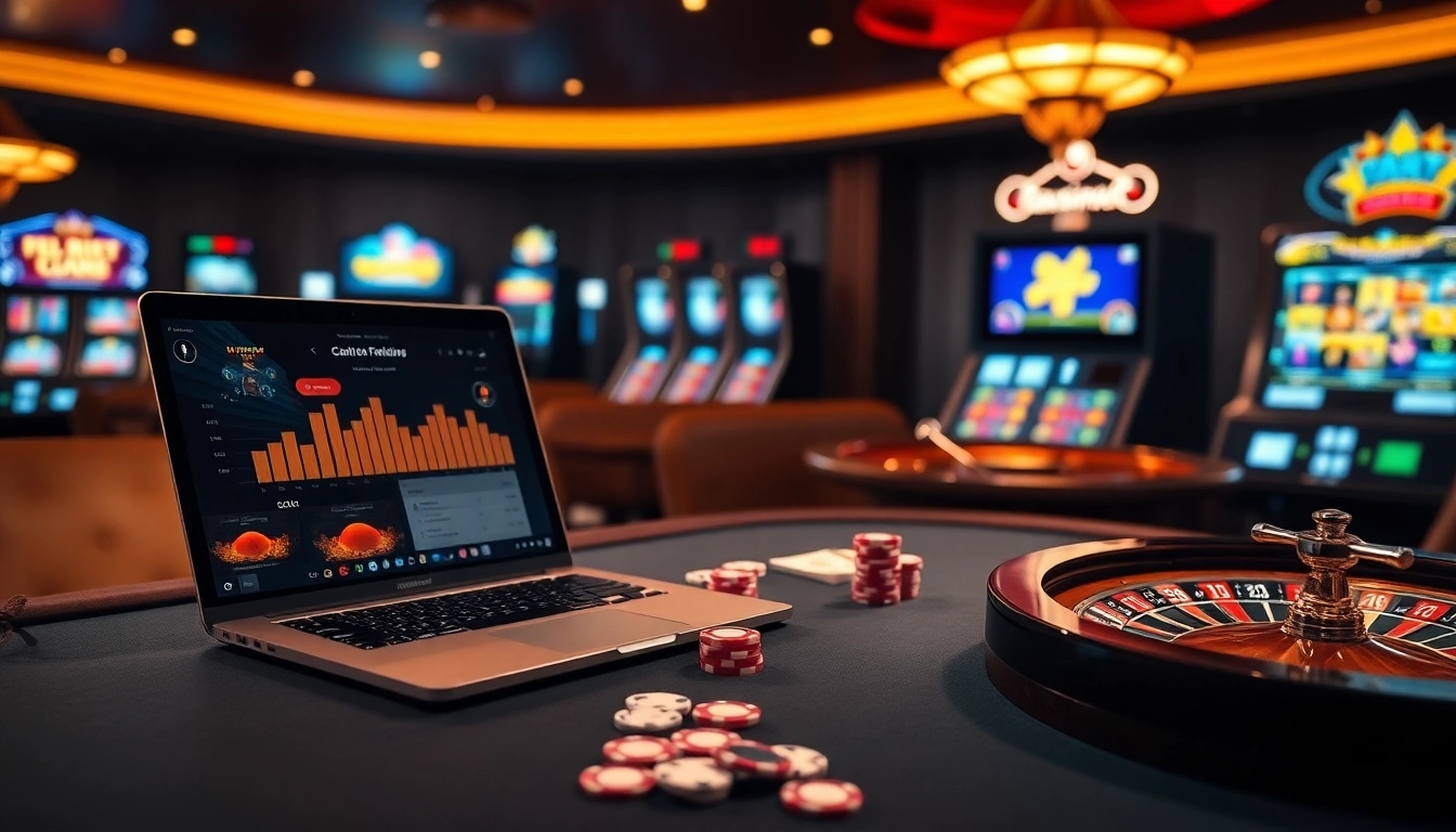 Scène engageante de casino en ligne Français 2026 avec poker et roulette, mettant en avant l'excitation et le luxe.