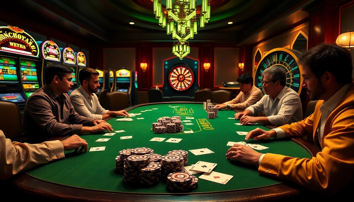 Engaging players at a poker table while discussing hidden wiki links in a vibrant casino atmosphere.