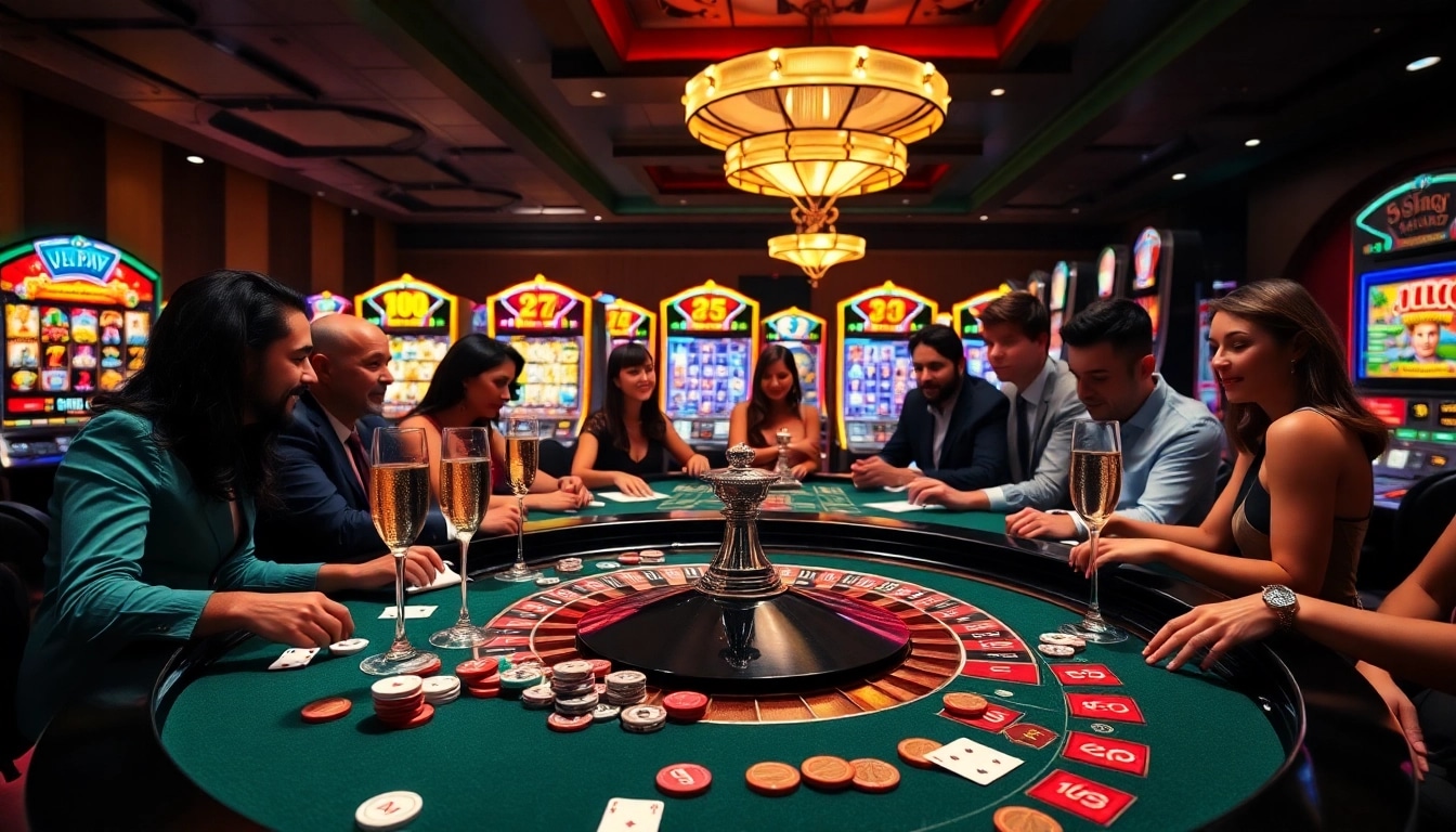 Engaging casino scene featuring RTP Pragmatic Play slot machines and excited players at a roulette table.