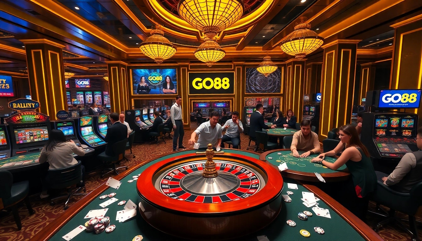 Experience the excitement at GO88 with vibrant poker tables and colorful slot machines in a luxurious casino setting.