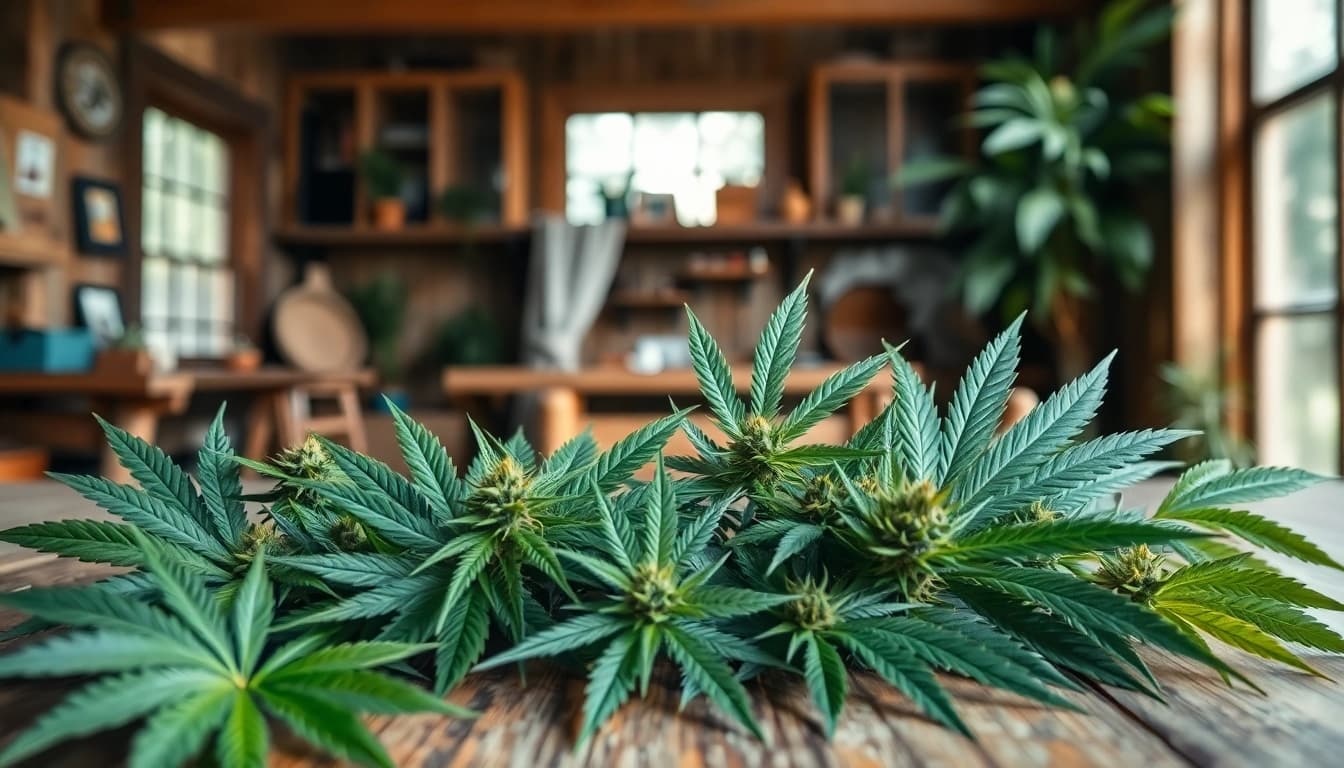 Explore bulk cannabis Halifax with a visually striking collection of cannabis strains arranged artfully on a rustic table.
