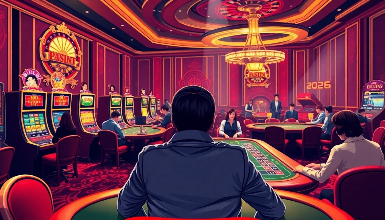 Atmosphère excitante du casino en ligne Français 2026 avec des joueurs aux tables de poker et aux machines à sous.
