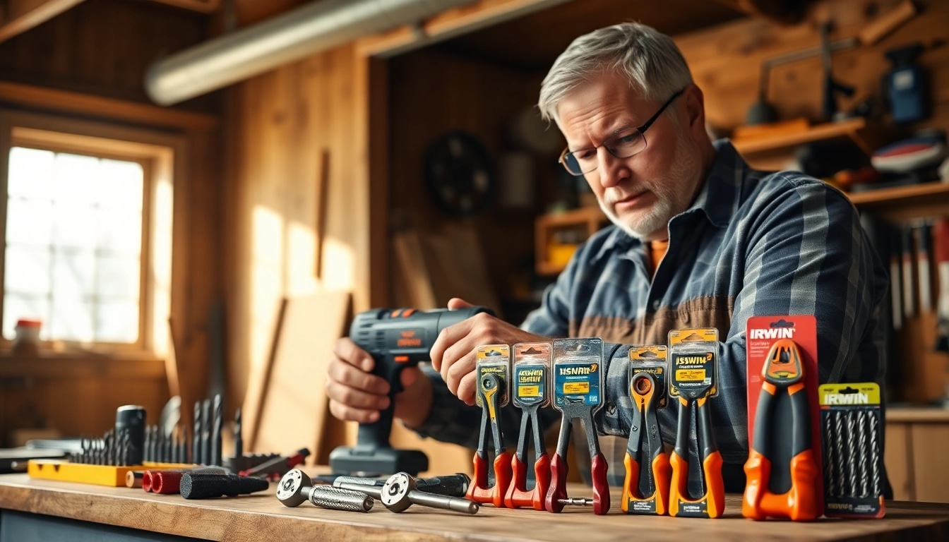 Professioneller Handwerker, der Irwin-Werkzeuge in einer gut beleuchteten Werkstatt verwendet.