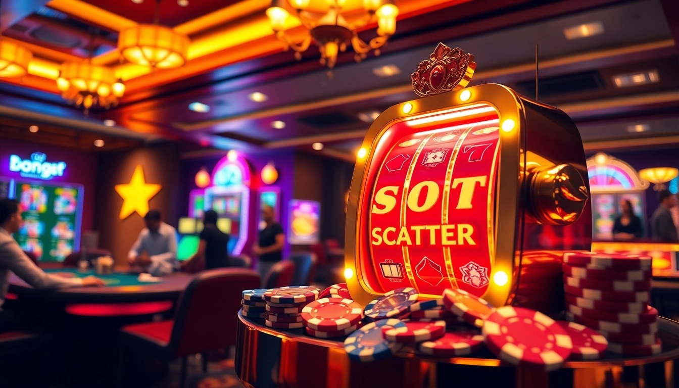Experience excitement with the slot scatter hitam at a glamorous casino environment, highlighted by vibrant games.