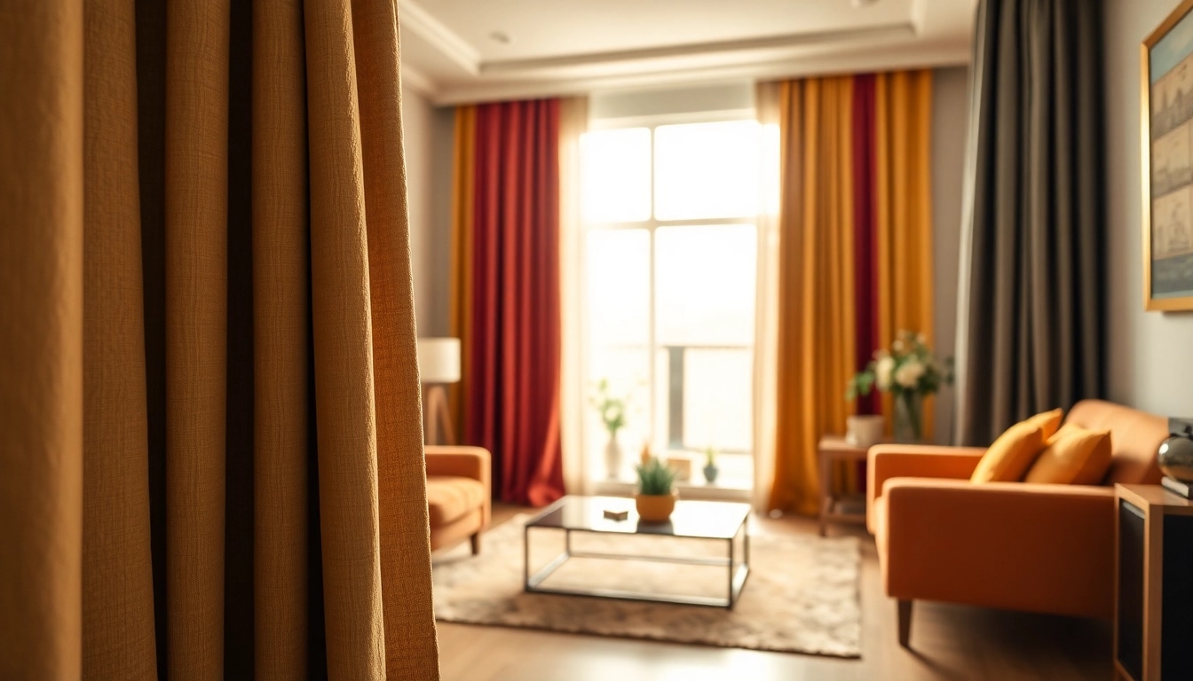 Gordijnstof kopen online met diverse stoffen in een stijlvolle woonkamer setting.