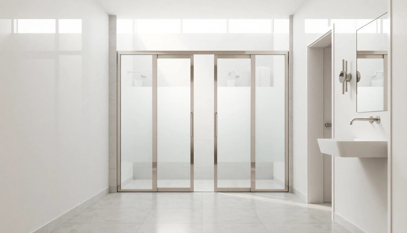 Showcase modern shower sliding doors featured in a bright bathroom setting.
