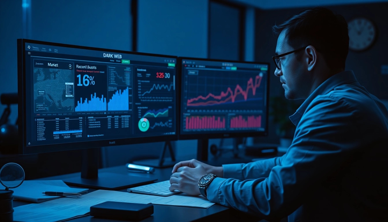 The hidden wiki analysis by a digital forensic investigator in a modern office, showcasing dark web elements.